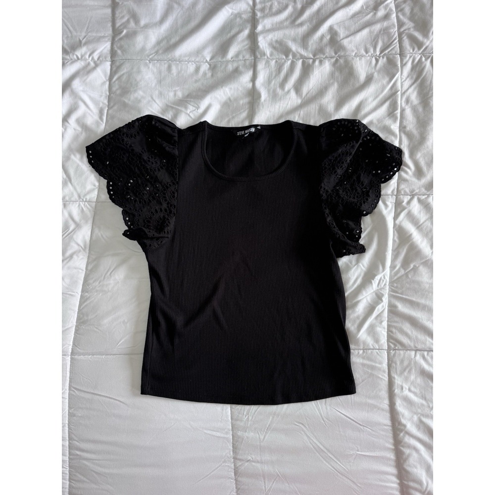 Steve Madden Olina Womens Top Medium Black Polyester Flutter Sleeve Pullover